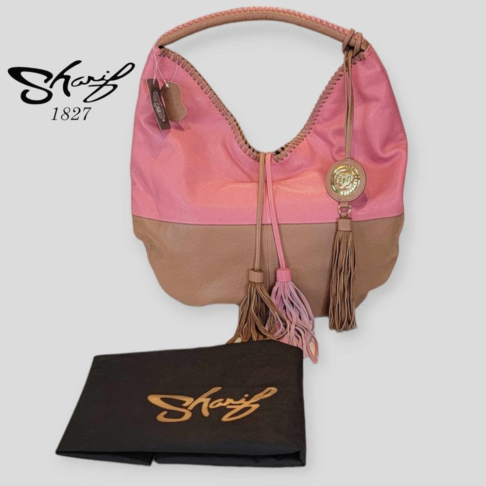 New with Tag Sharif 1825 Genuine Leather Pink Brown Hobo Tassels Shoulder Bag